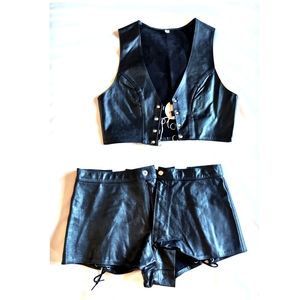 (New) Black GENIUNE leather shorts & vest